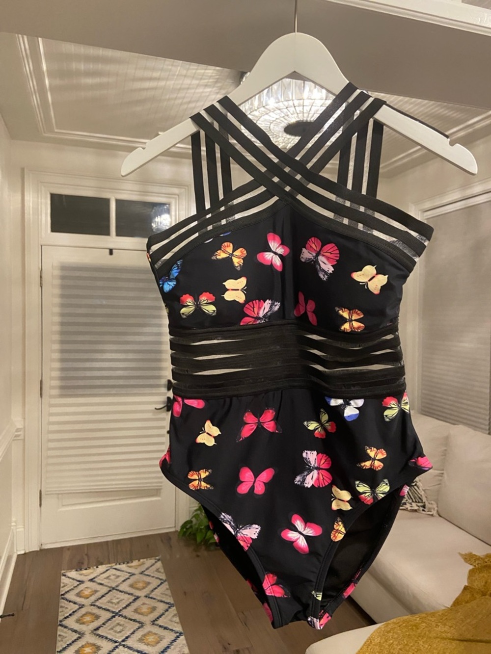 Black Butterfly-Print One-Piece Swimsuit with Strappy Detail